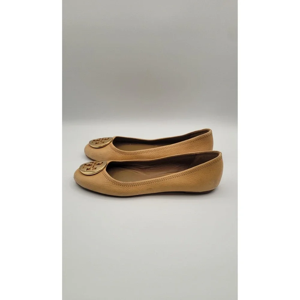 Tory Burch Reva Women's Ballet Flats 8M Tan Pebbled Leather Gold Logo